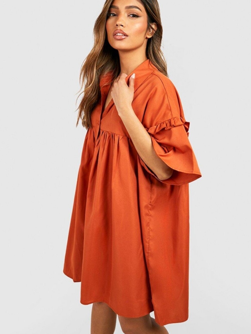 Boohoo terracotta tent dress with ruffled sleeve, like new!